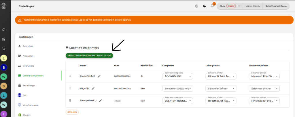 direct printing client button
