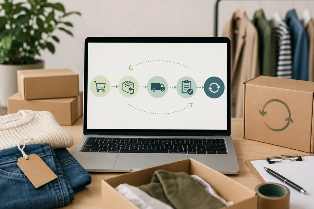 visuele weergave met icoontjes op laptop scherm van retourmanagement